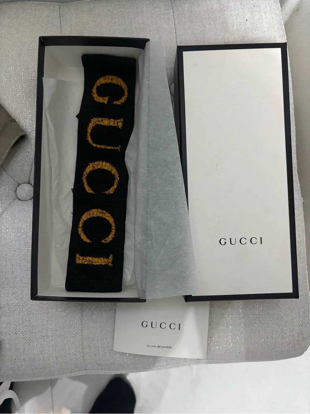 Gucci Black Knit Headband with Gold Embroidered Logo